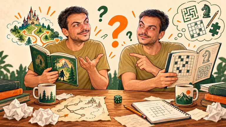 Dos versiones de Óscar Sanjaime debaten entre un libro de aventuras narrativas y uno de puzles.
