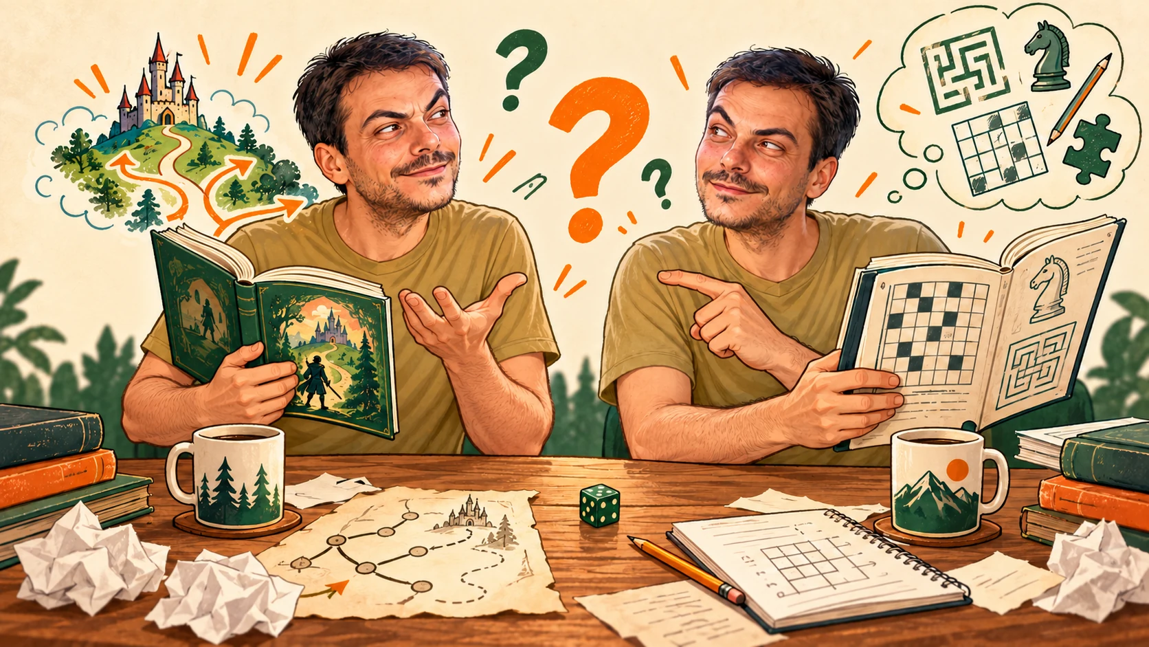 Dos versiones de Óscar Sanjaime debaten entre un libro de aventuras narrativas y uno de puzles.